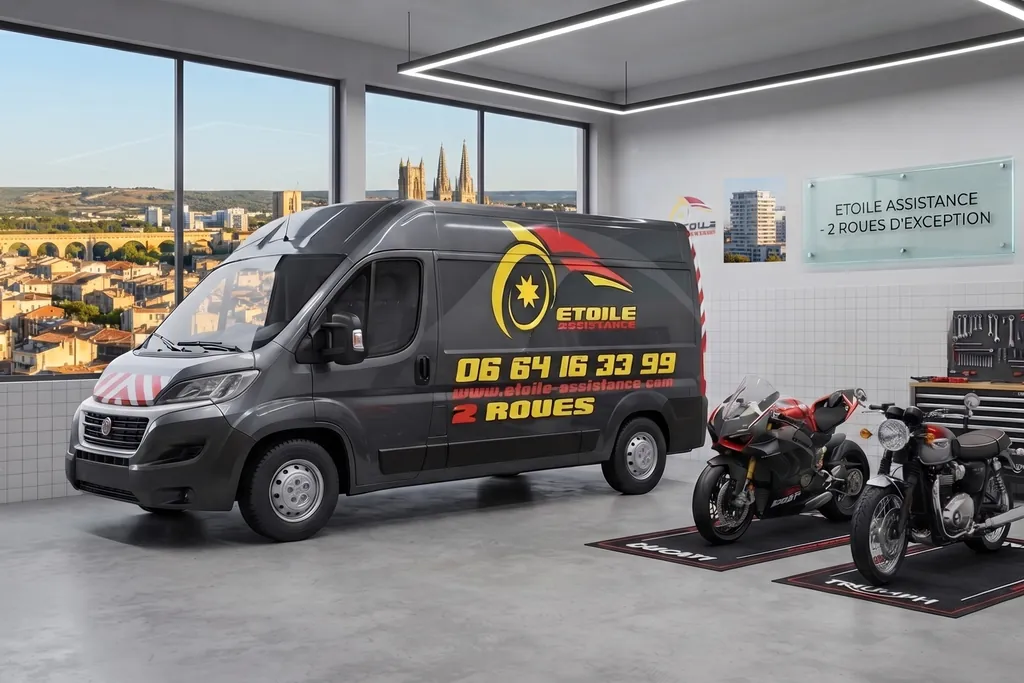 Le fourgon Étoile Assistance et deux motos à l’atelier
